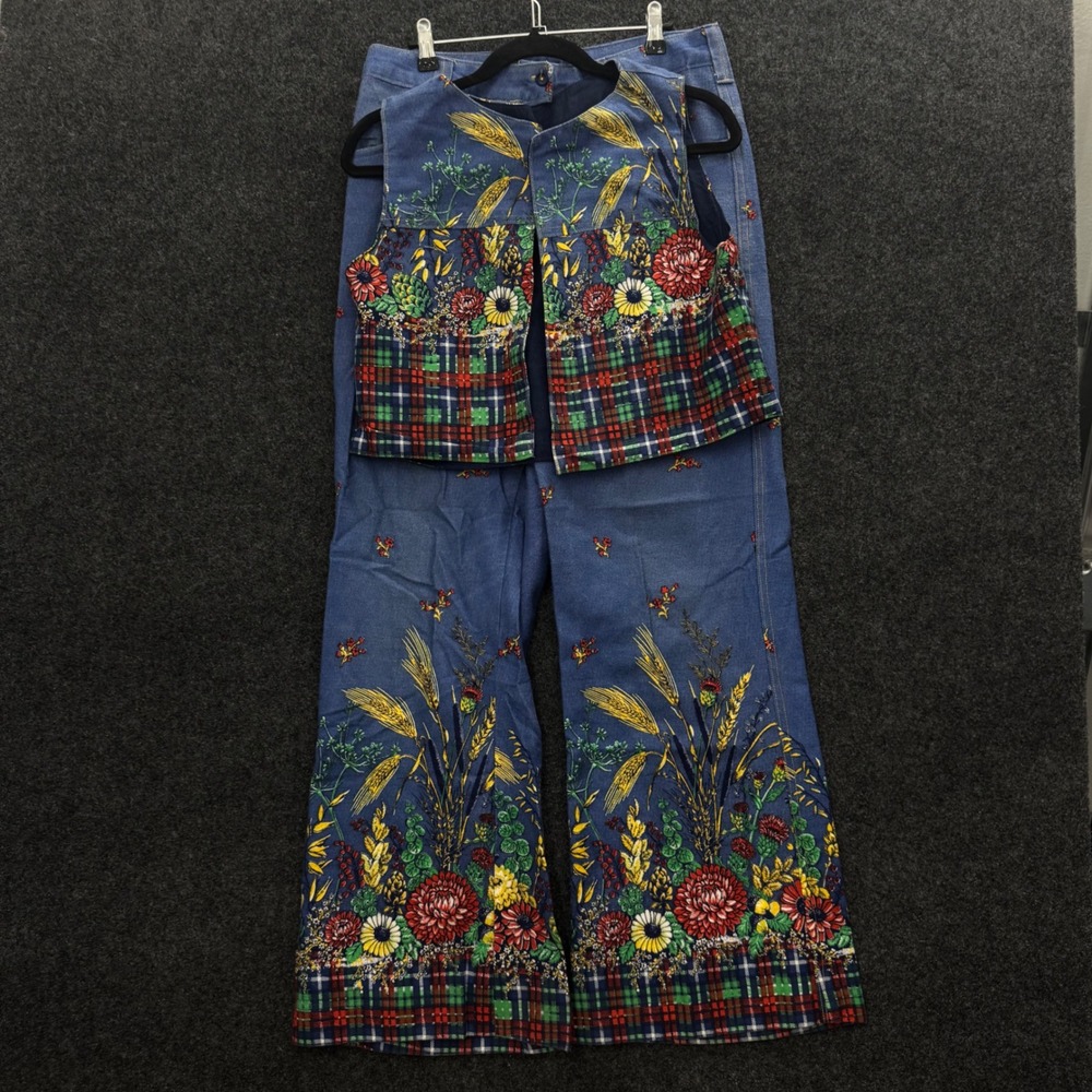 Vintage 70s Denim 2 Piece Set Floral Plaid Vest Flare Pants Blue Fall Boho